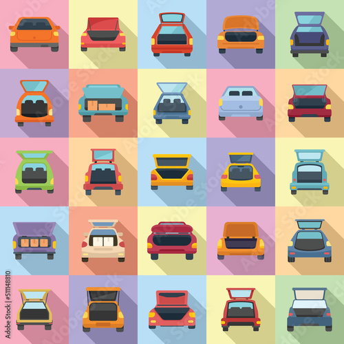 Trunk car icons set flat vector. Sedan bag