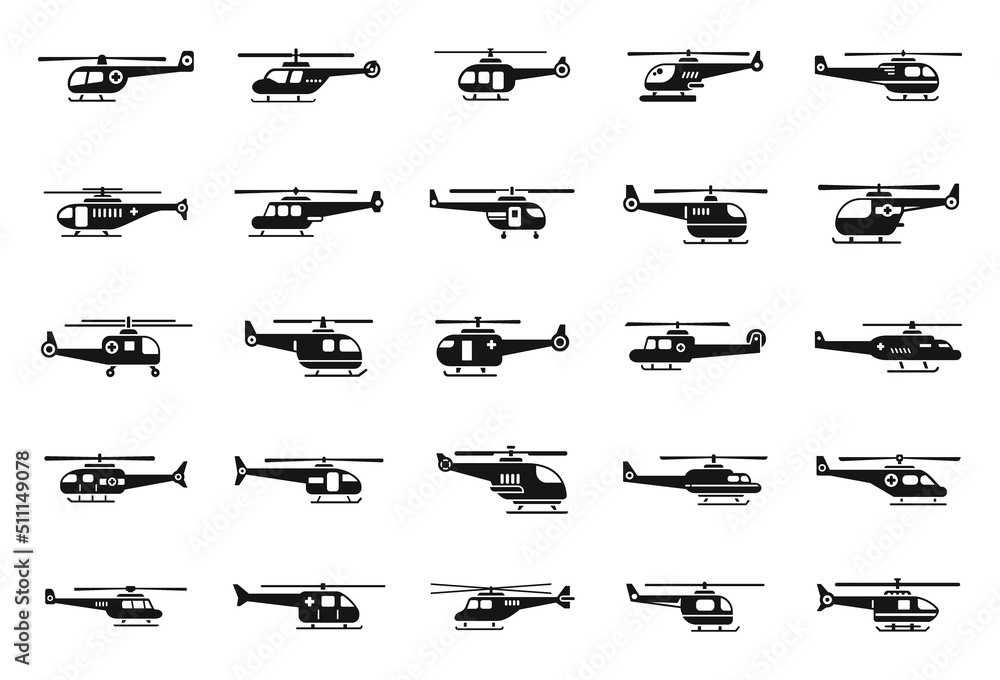 Rescue helicopter icons set simple vector. Air engine