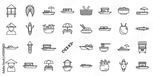 Floating market icons set outline vector. Asian basket