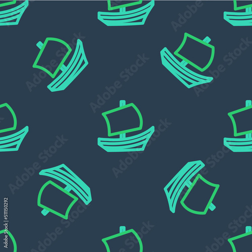 Line Egyptian ship icon isolated seamless pattern on blue background. Egyptian papyrus boat. Vector