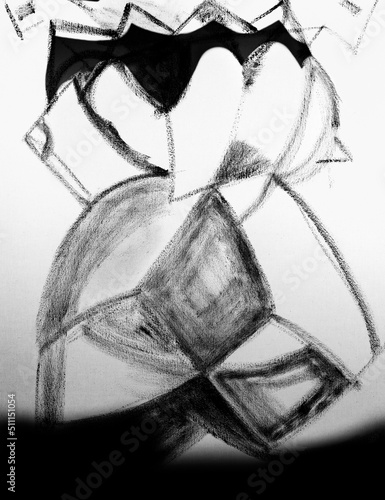 Abstract sketch of shapes of humans and animals, black and white original charcoal artwork