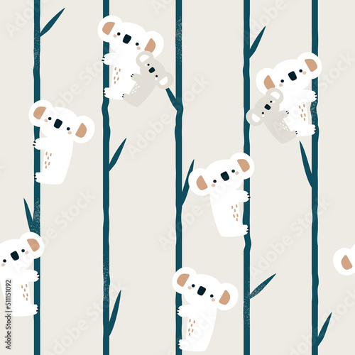 Seamless pattern with cute koala in the rainforest. Kids print for fabric or wallpaper. Vector hand drawn illustration.