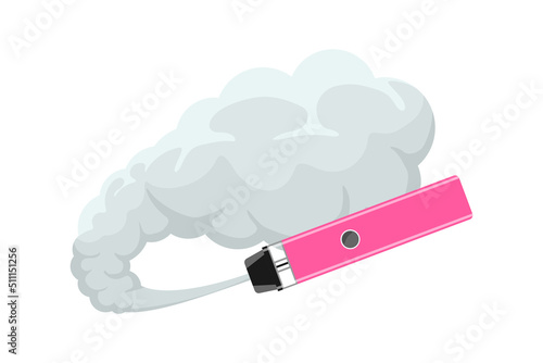 Vape pen hipster equipment for smoking. Pink electronic cigarette with smoke cloud. E-cigarette for vaping. Vaporizer fume smoking vector eps illustration