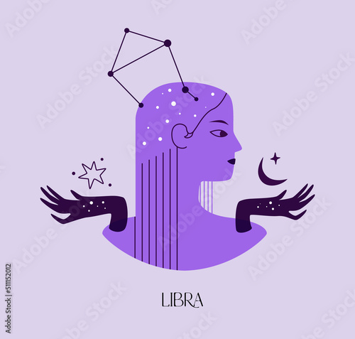 Astronomical zodiac sign Libra. Purple silhouette of a girl with the constellation sign Libra. Astrology element vector illustration isolated. Female silhouette in profile in boho style.