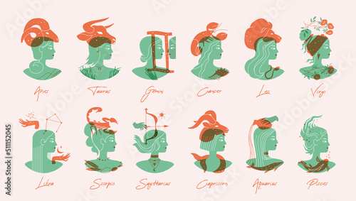 Set of zodiac signs with women. Vector illustration with overlay. Twelve astronomical zodiac signs by month. Astrology elements collection isolated.