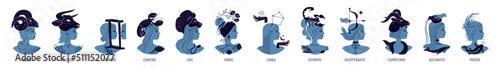 Collection of twelve zodiac signs. Blue female silhouettes in profile with zodiac symbols and animals. Astrology elements vector illustration isolated on white background.