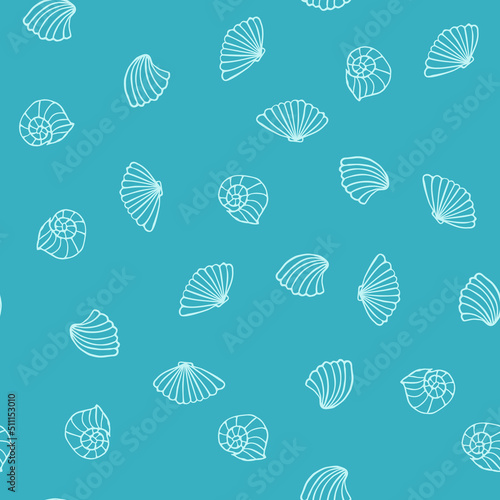 Seamless Pattern Of Shells On A Blue Background. Sea Ocean Template