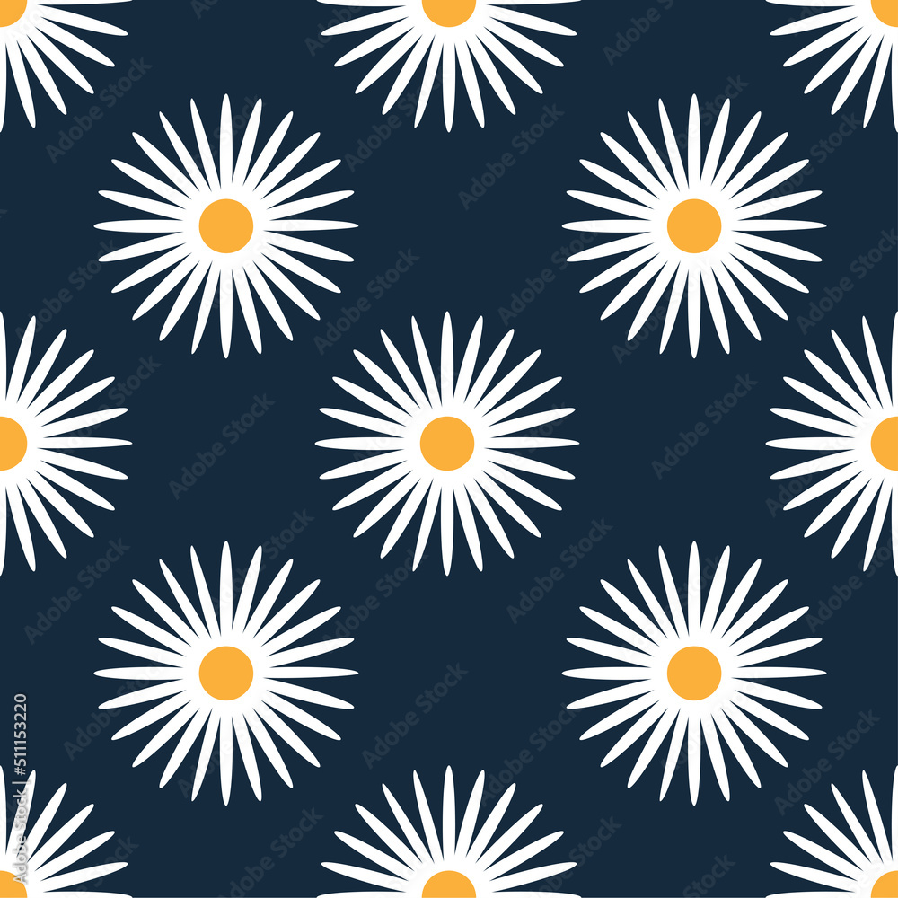 Seamless pattern with daisy flowers. Vector print with decorative chamomile on dark blue background Seamless pattern with daisy flowers. Vector print with decorative chamomile on dark blue background