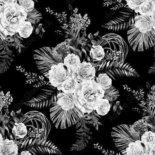 Watercolor vintage black and white seamless pattern with a herbarium of white rose flowers and tropical palm leaves for summer textiles of women is dresses and clothes in natural shades