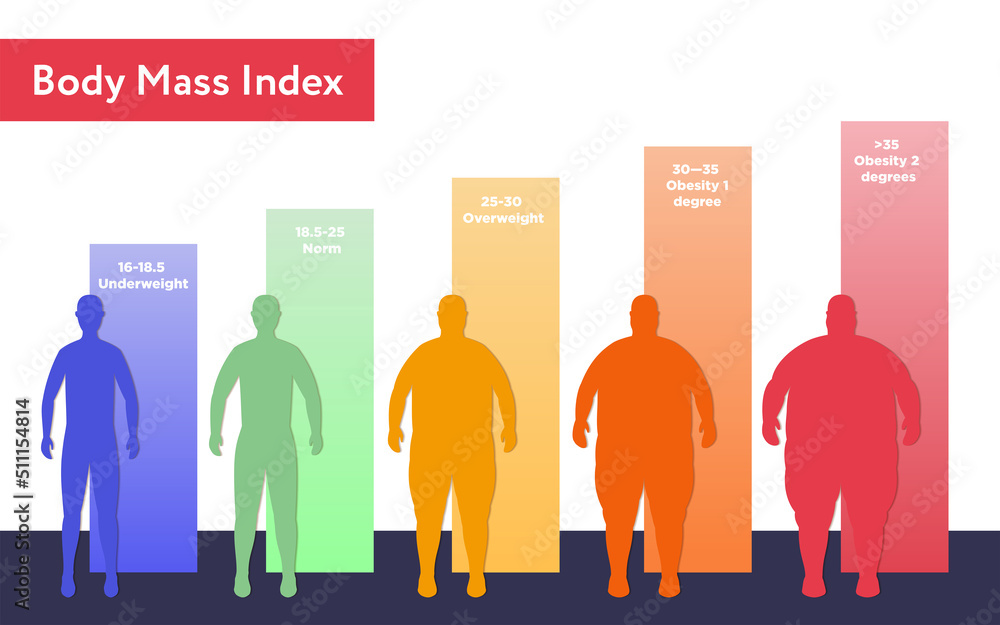 Vector illustration with BMI chart. Poster with male silhouettes