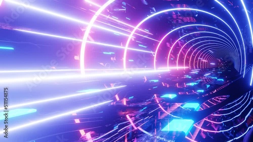 80's neon light style flight. Hi-tech neon sci-fi tunel. Trendy neon glow lines form pattern and construction in mirror tunnel. Fly through technology cyberspace. 3d looped seamless 4k bright bg. photo