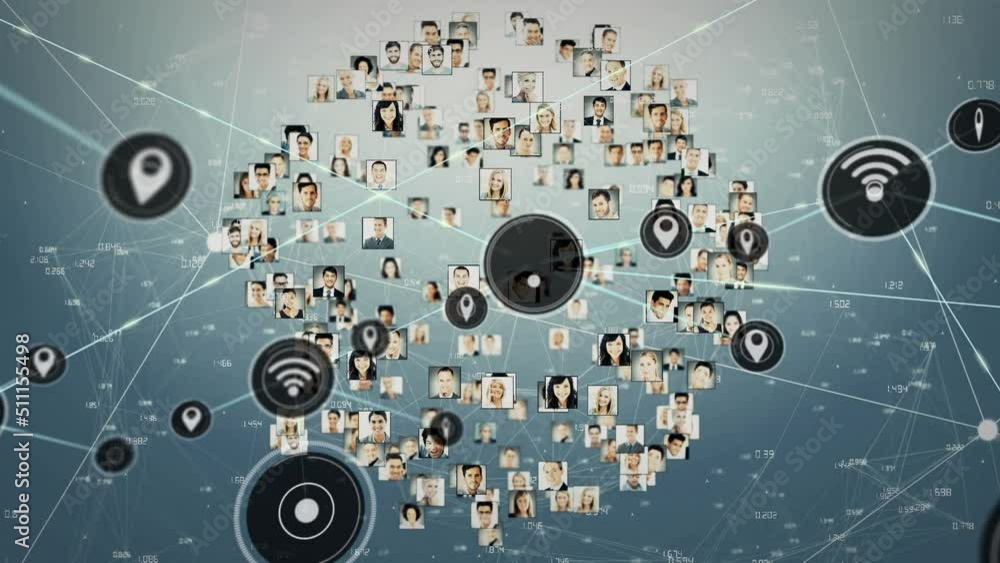 Animation of network of connections with icons and user photos on grey background Animation of network of connections with icons and user photos on grey background