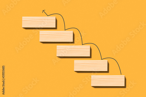 Canvastavla Wooden blocks are arranged in the shape of a ladder on a yellow background