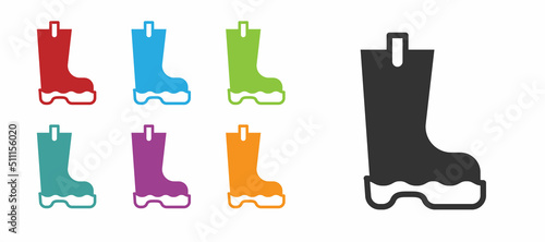 Black Waterproof rubber boot icon isolated on white background. Gumboots for rainy weather, fishing, gardening. Set icons colorful. Vector