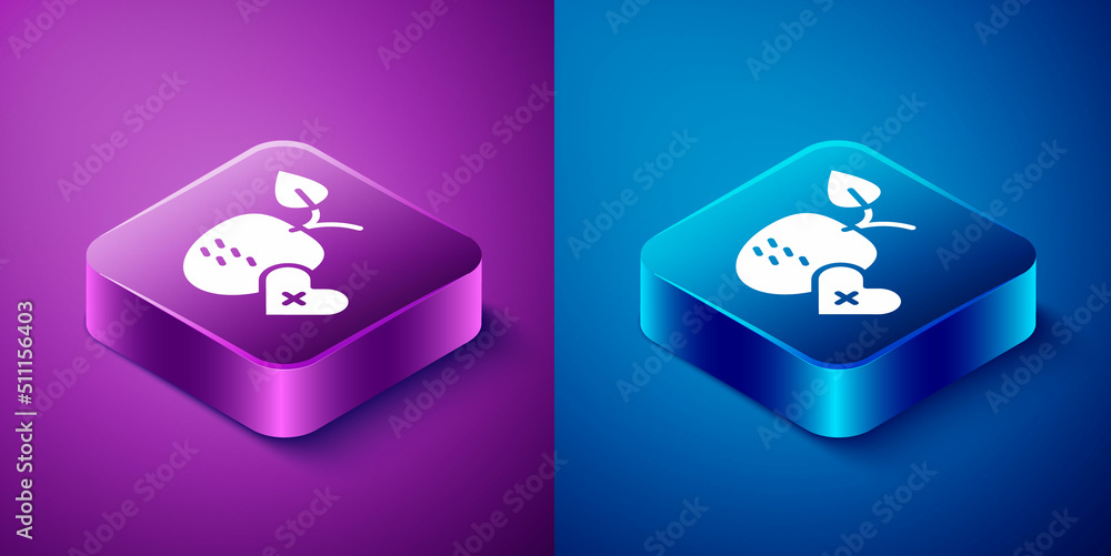 Isometric Healthy fruit icon isolated on blue and purple background. Square button. Vector Isometric Healthy fruit icon isolated on blue and purple background. Square button. Vector