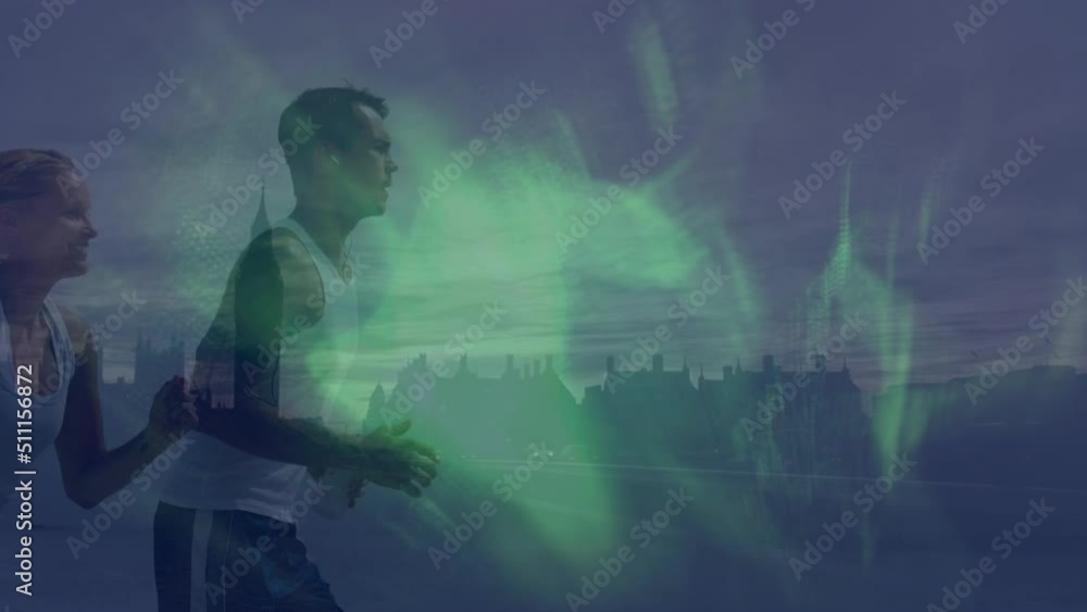 Animation of green waves over caucasian woman and man running over cityscape Animation of green waves over caucasian woman and man running over cityscape