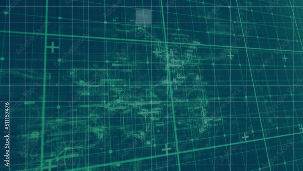 Digital animation of network of connections over grid networking on blue background Digital animation of network of connections over grid networking on blue background