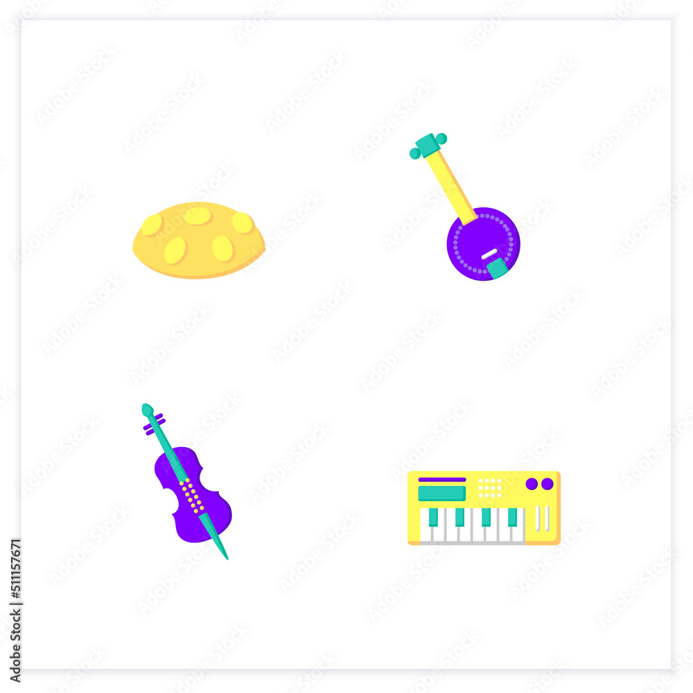 Musical instrument flat icons set. Cello, hang drum, banjo, midi keyboard. Isolated vector illustrations Musical instrument flat icons set. Cello, hang drum, banjo, midi keyboard. Isolated vector illustrations