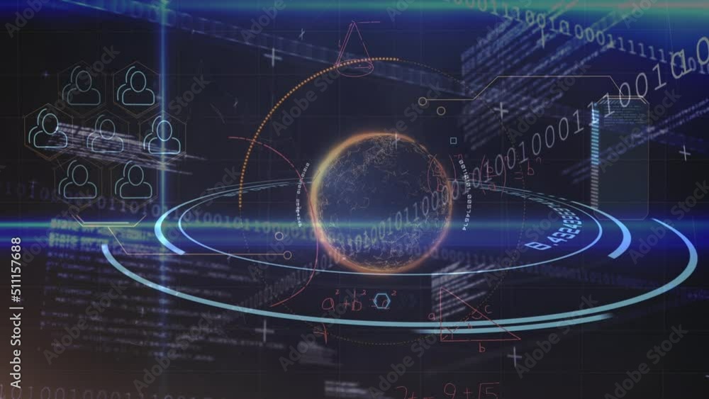 Data processing and globe against binary coding and mathematical equations against black background