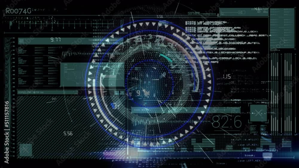 Round scanner over globe of network of connections and digital interface with data processing Round scanner over globe of network of connections and digital interface with data processing