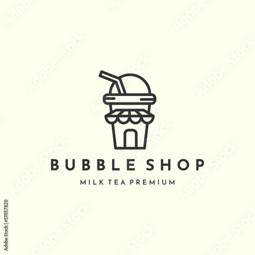 bubble tea shop with line art style logo icon template design. milk, boba , ice, vector illustration