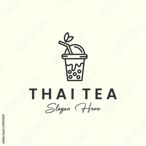 thai tea with line art style logo icon template design. bubble, boba , milk, ice, vector illustration