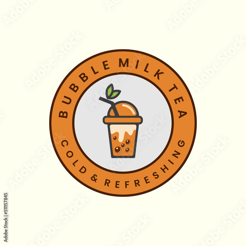 bubble tea with flat color and emblem style logo icon template design. milk, boba , ice, vector illustration