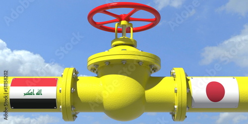 IRAQ JAPAN oil or gas transportation concept, pipe with valve. 3D rendering