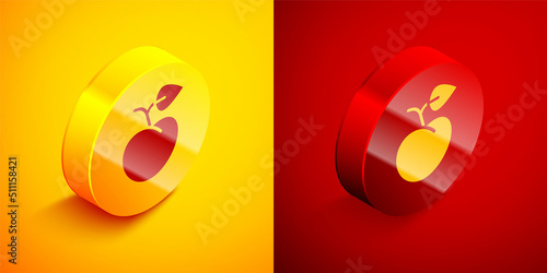 Isometric Peach fruit or nectarine with leaf icon isolated on orange and red background. Circle button. Vector