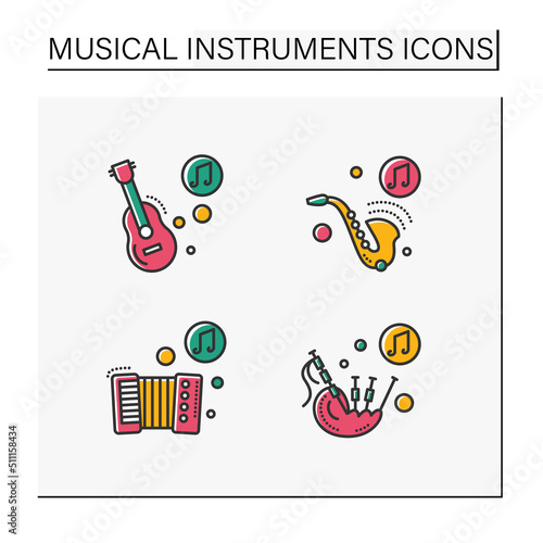 Musical instrument color icons set. Guitar, saxophone, accordion and bagpipes. Classical, ethnic and modern music. Music from different countries. Isolated vector illustrations