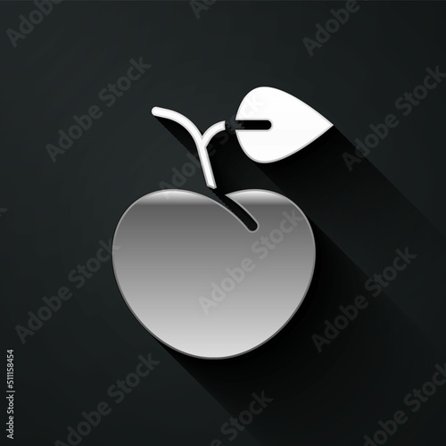 Silver Peach fruit or nectarine with leaf icon isolated on black background. Long shadow style. Vector