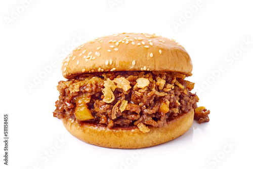 Sloppy joe sandwich with ground beef on white background