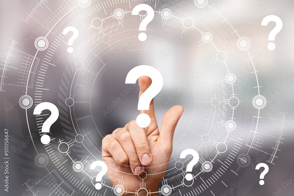 Male hand clicks on abstract virtual question mark sketch, FAQ and research concept.