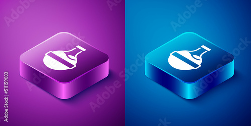 Isometric Bottle with potion icon isolated on blue and purple background. Flask with magic potion. Happy Halloween party. Square button. Vector