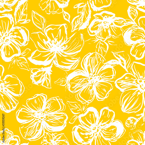 Seamless vector pattern on a yellow background. Abstract flowers, contoured white doodles. Stylish floral pattern for fashionable and interior textiles. Summer, beach style, vector illustration