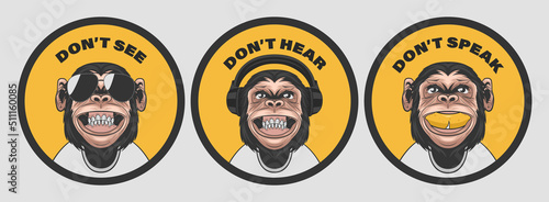 Dont See Dont Hear Dont Speak. Vector Smiling Chimpanzee Ape with Sunglasses, Headphones, Banana, Typography Quote. Funny Monkeys for Wall Art, T-shirt Print, Poster. Cartoon Cute Chimp Monkey