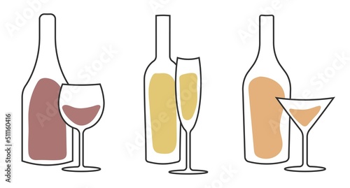 Wine bottle with wine glass icon or silhouette. Alcohol symbol. Vector illustration.