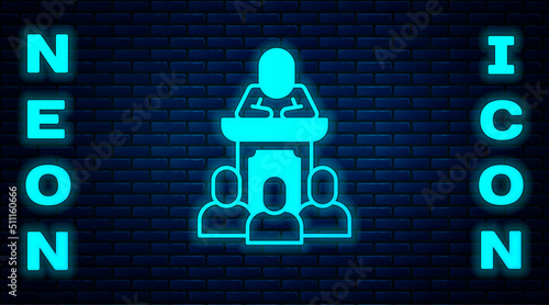 Glowing neon Auction auctioneer sells icon isolated on brick wall background. Auction business, bid and sale. Vector