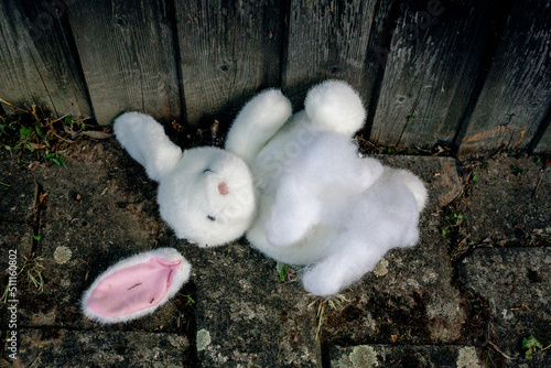 stuffed white bunny lying destroyed on the floor photo