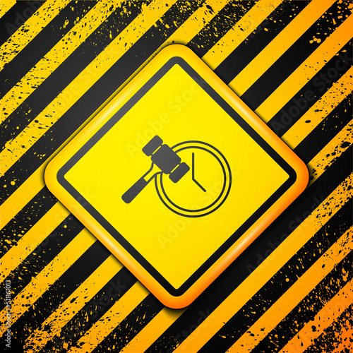 Black Auction hammer icon isolated on yellow background. Gavel - hammer of judge or auctioneer. Bidding process, deal done. Auction bidding. Warning sign. Vector