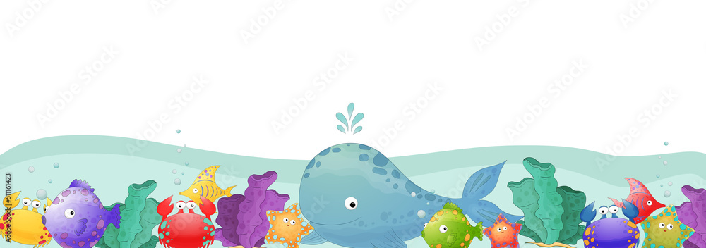 Cartoon sea animals banner. Underwater wildlife. Cute whale, fish, crab ...