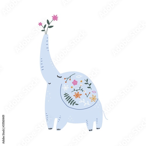 Vector hand-drawn children's illustration with a cute elephant on a white background. Suitable for postcard, poster, wall art, children's room decoration.