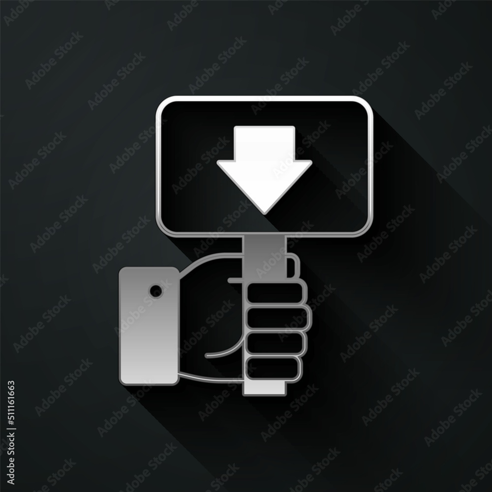 Silver Hand holding auction paddle icon isolated on black background. Bidding concept. Auction competition. Hands rising signs with BID inscriptions. Long shadow style. Vector Silver Hand holding auction paddle icon isolated on black background. Bidding concept. Auction competition. Hands rising signs with BID inscriptions. Long shadow style. Vector