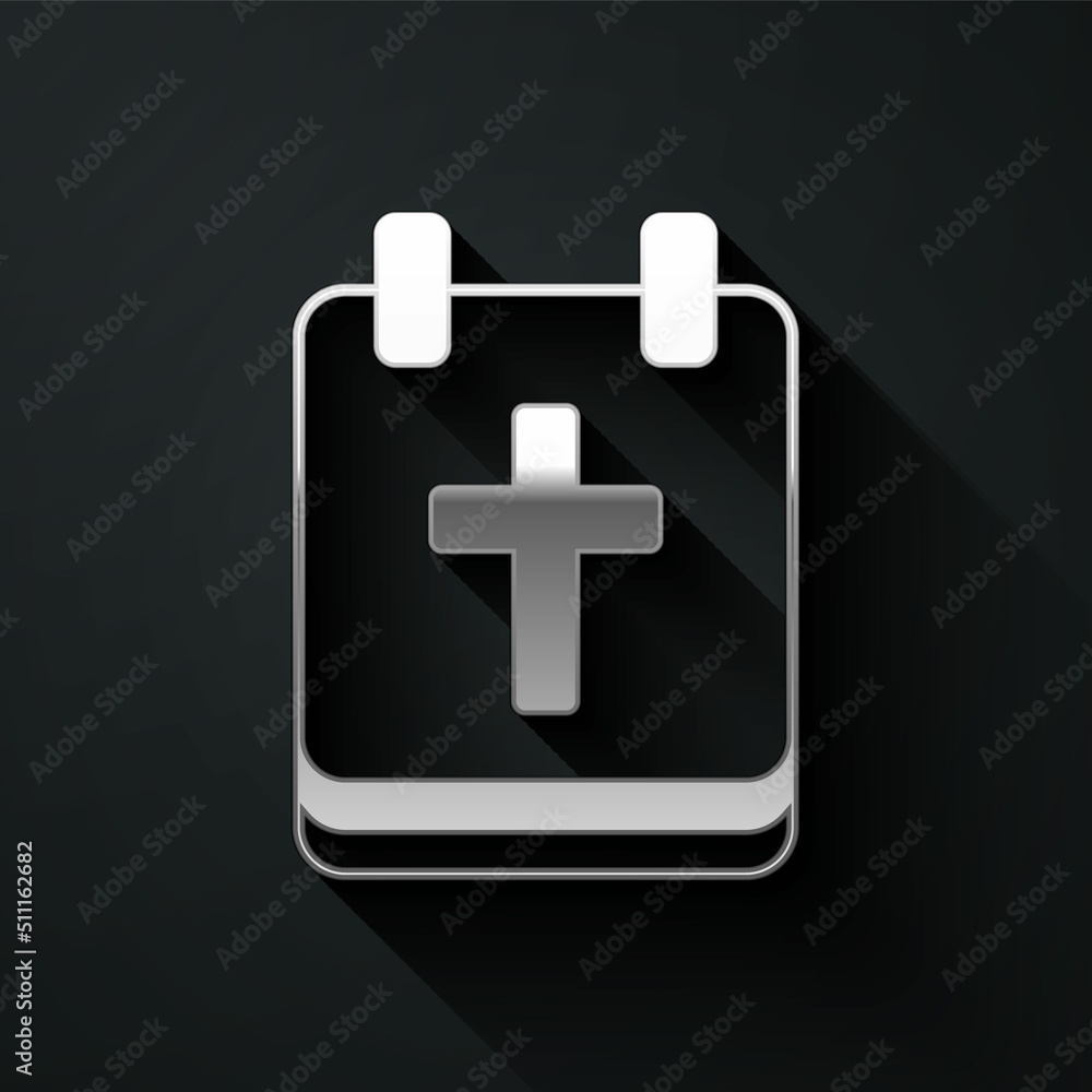 Silver Calendar with Easter icon isolated on black background. Spring Christian Holiday symbol. Long shadow style. Vector Silver Calendar with Easter icon isolated on black background. Spring Christian Holiday symbol. Long shadow style. Vector