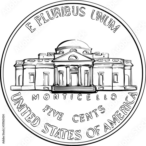 Reverse of Jefferson nickel, American money, USA five-cent coin, Jefferson house Monticello on reverse, black and white
