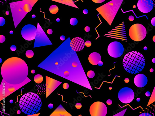 Memphis seamless pattern with geometric gradient shapes. Colorful geometric pattern in 80s style. Design for banners, promotional products and posters. Vector illustration