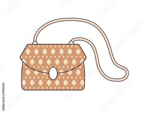 Brown fashionable expensive women handbag or shoulder clutch purse bag with long strap and luxury brand monogram style pattern isolated vector
