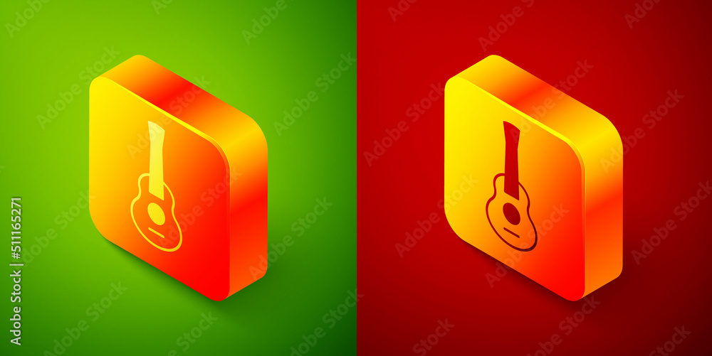 Isometric Guitar icon isolated on green and red background. Acoustic guitar. String musical instrument. Square button. Vector Isometric Guitar icon isolated on green and red background. Acoustic guitar. String musical instrument. Square button. Vector