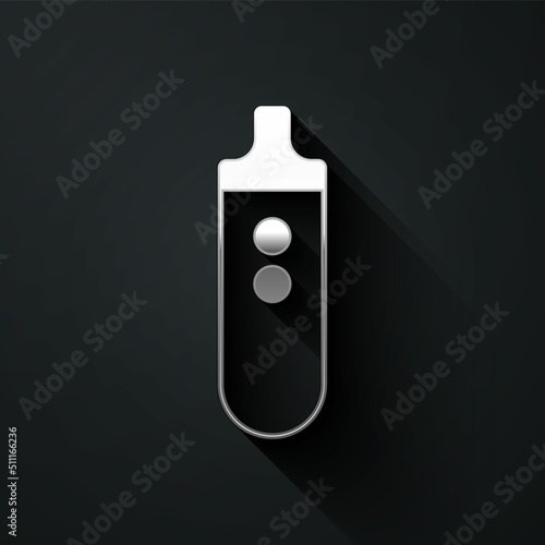 Silver Electronic cigarette icon isolated on black background. Vape smoking tool. Vaporizer Device. Long shadow style. Vector