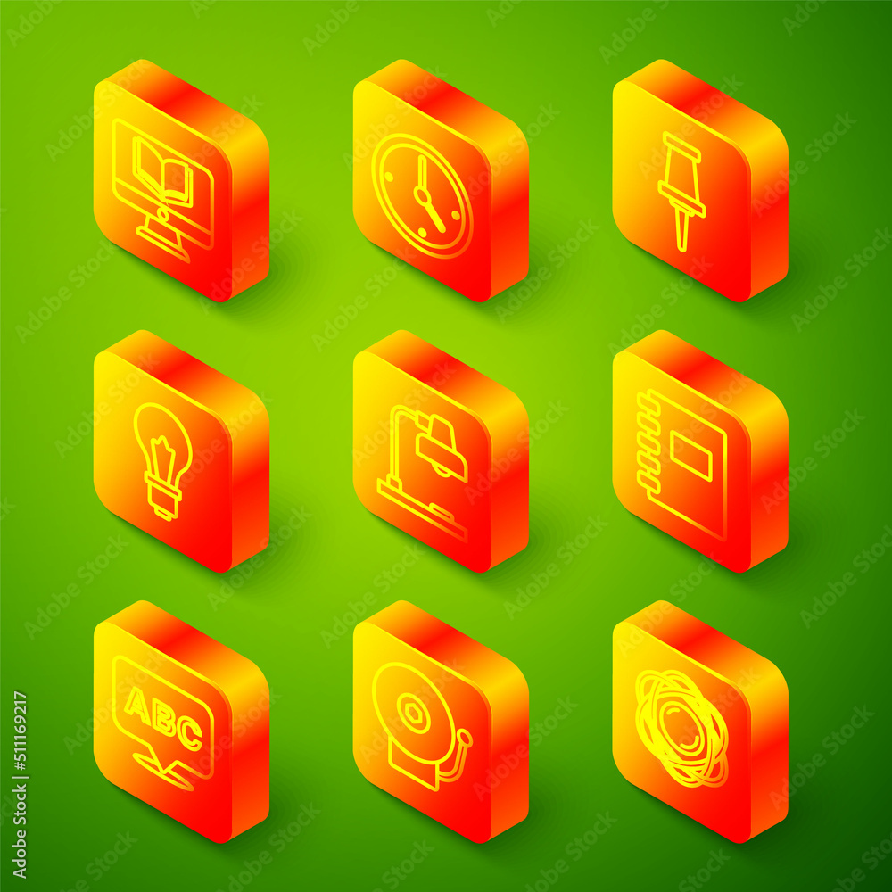 Set line Online class, Clock, Push pin, Light bulb with idea, Table lamp, Spiral notebook, Alphabet and Ringing alarm bell icon. Vector Set line Online class, Clock, Push pin, Light bulb with idea, Table lamp, Spiral notebook, Alphabet and Ringing alarm bell icon. Vector